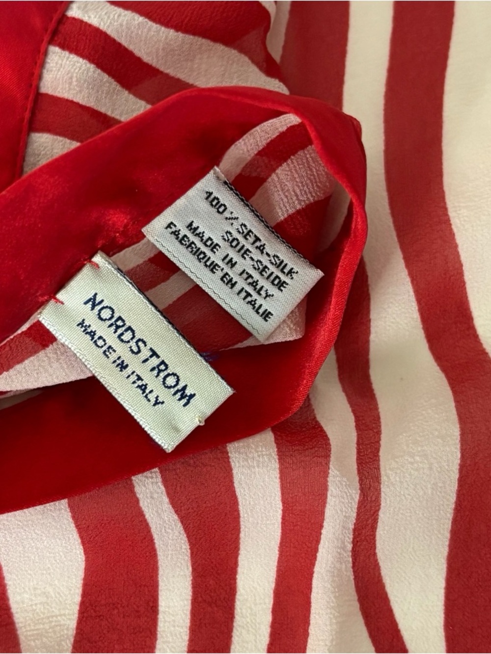 Nordstrom 100 % Silk Scarf Made Italy  Red / White 18”X18”. - Picture 4 of 5